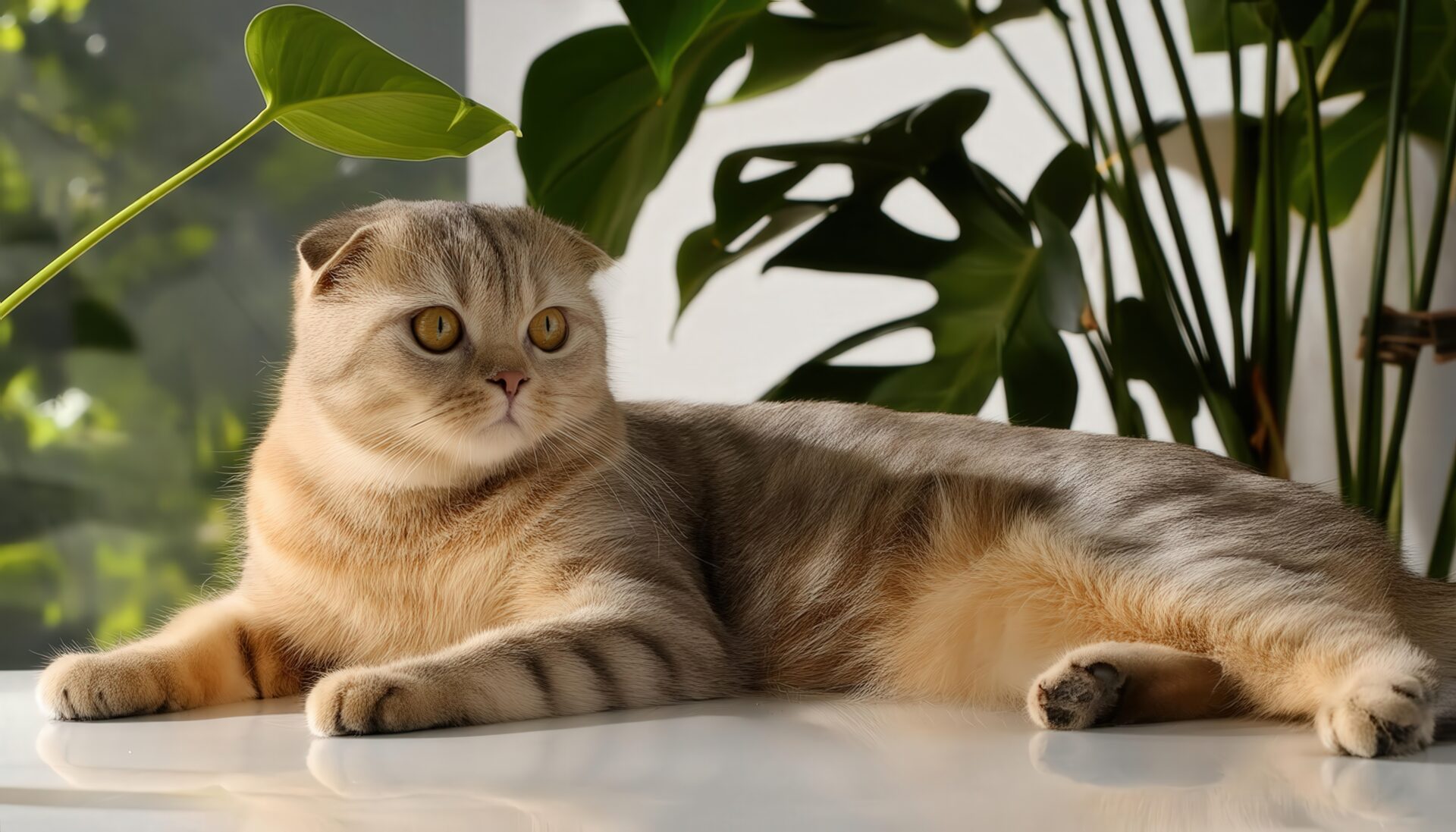 グリーンインテリアとリラックスする猫