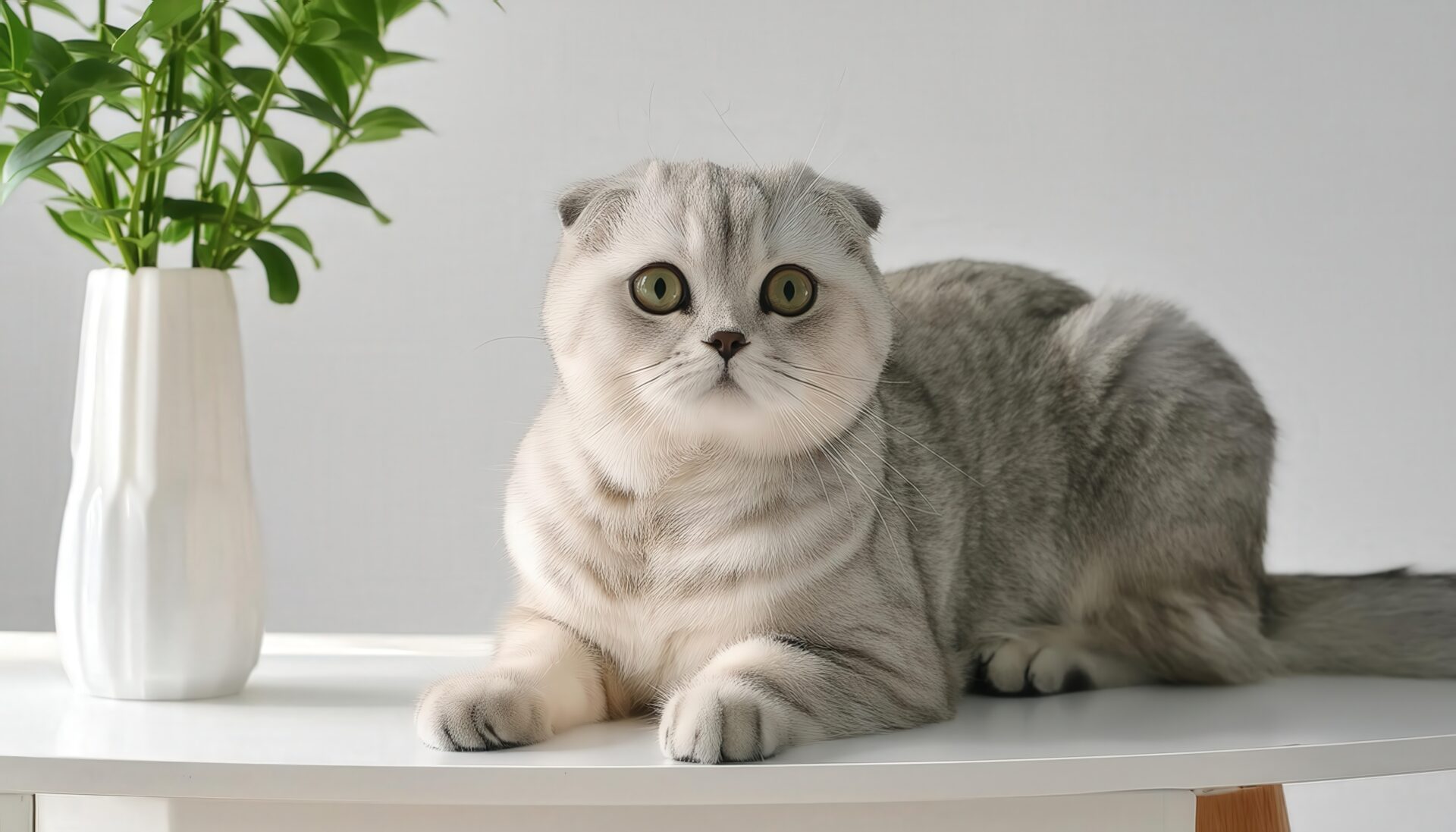 白いテーブルとスコティッシュフォールド