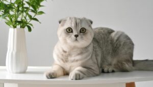 白いテーブルとスコティッシュフォールド