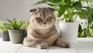 鉢植えとくつろぐ茶系の猫