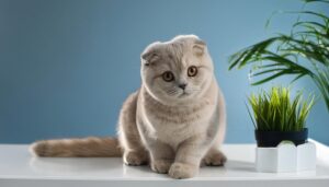 青い背景と座るスコティッシュフォールド