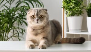 植物に囲まれたグレーの猫