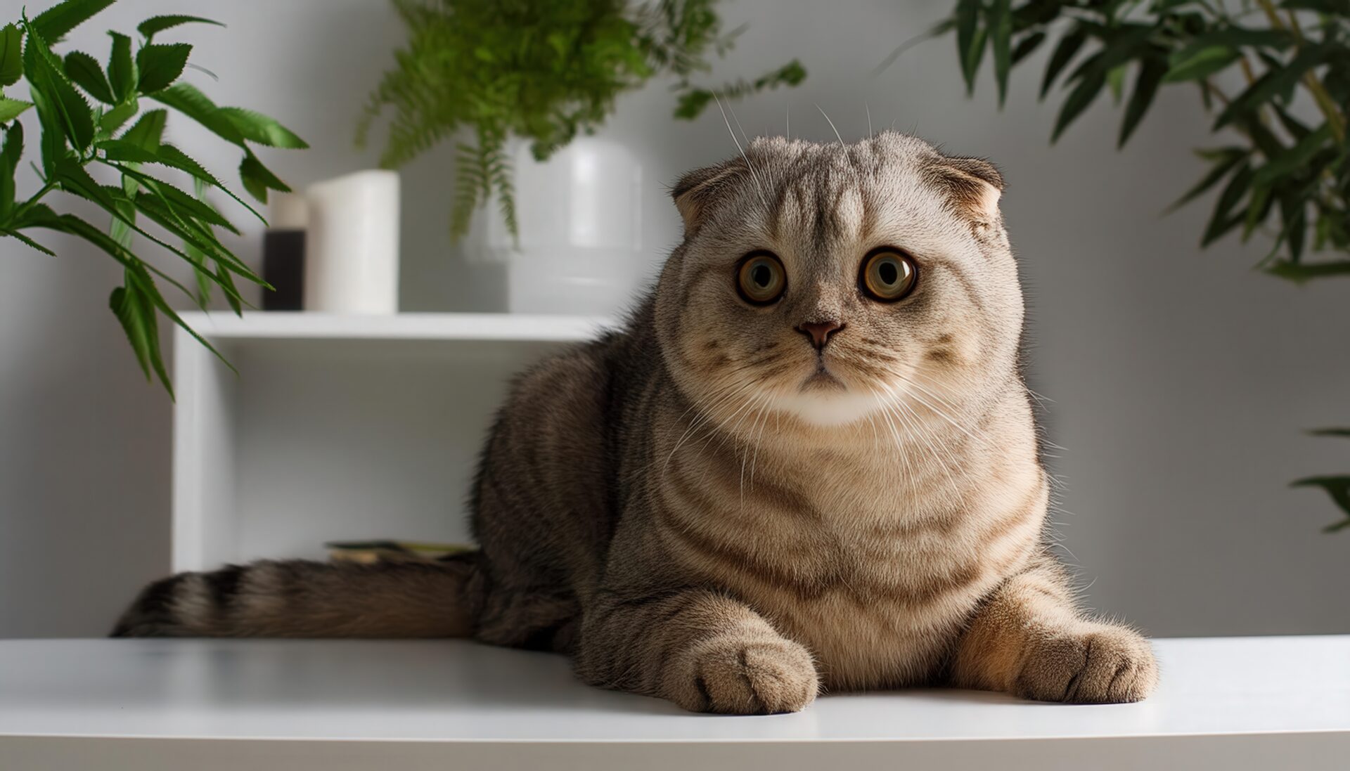 観葉植物と落ち着いた表情の猫