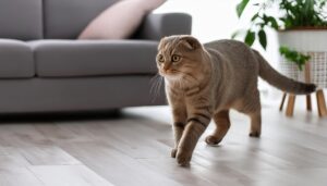 植物と一緒にフローリングを歩く猫