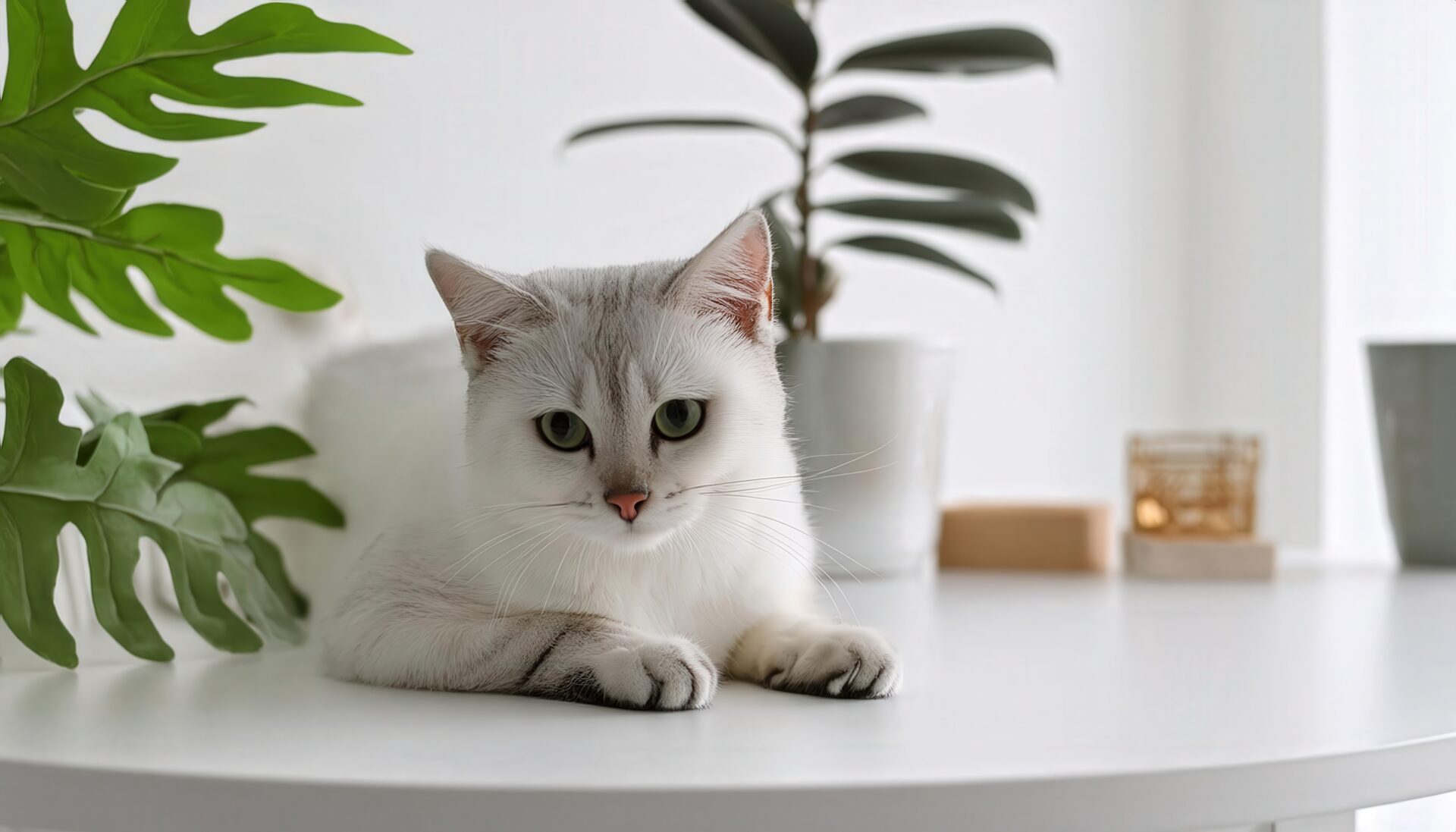 白猫と観葉植物の癒し空間
