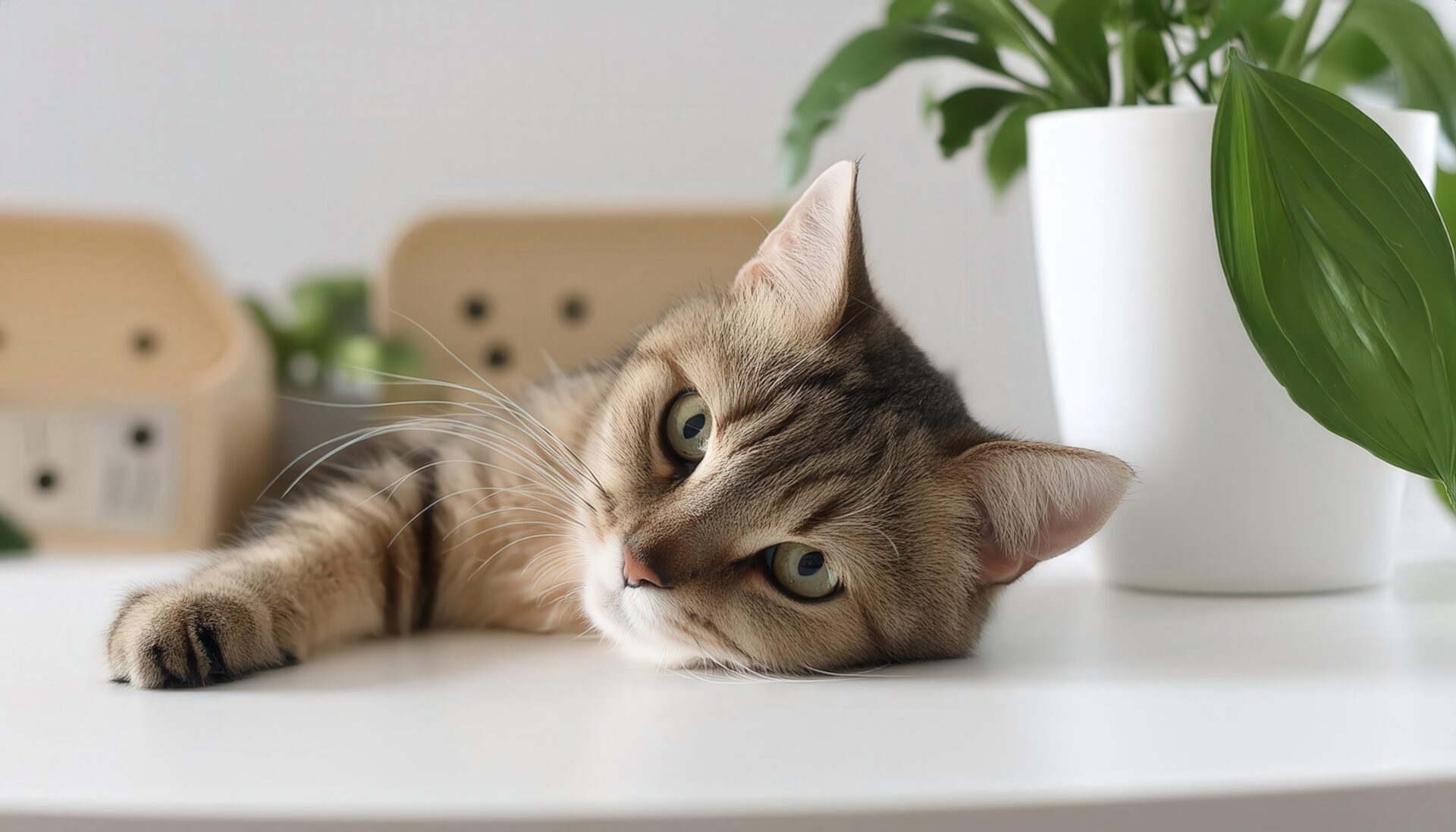 ラックスする猫と観葉植物