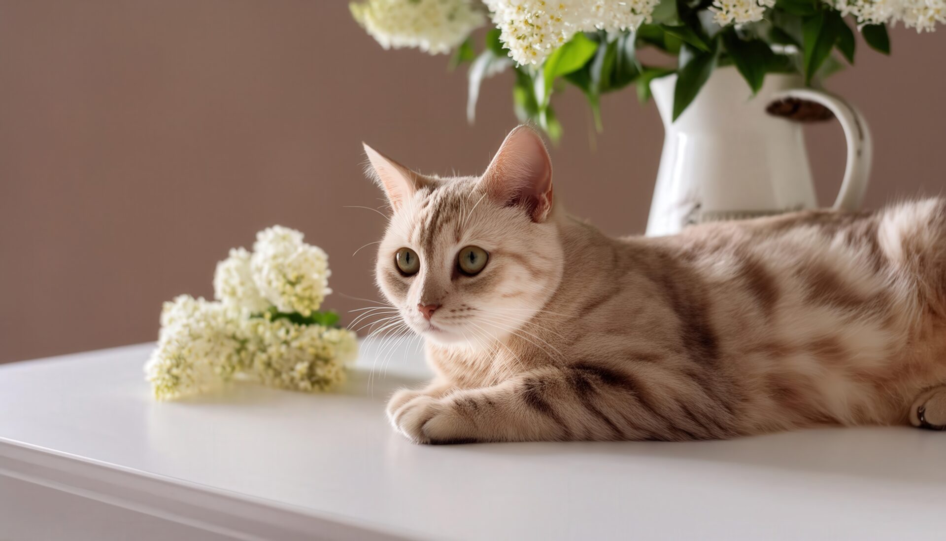 白い花と見つめる猫