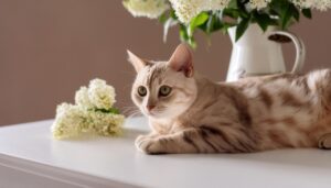 白い花と見つめる猫