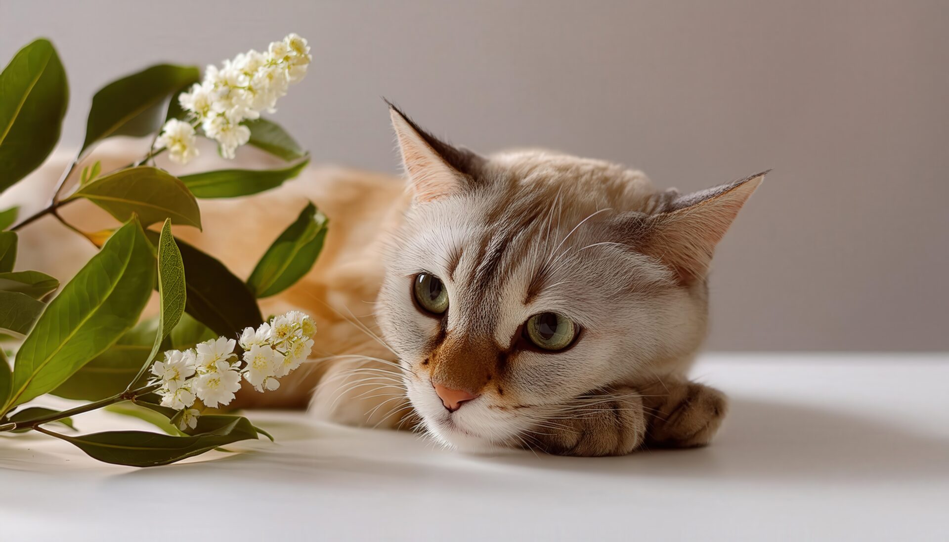 白い花と寄り添う猫