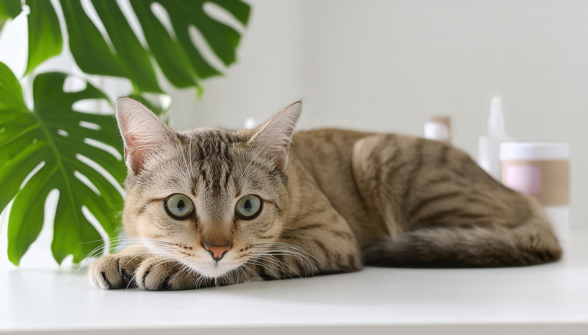 緑の葉に囲まれた猫