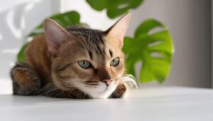 穏やかな表情で正面を見る猫と観葉植物