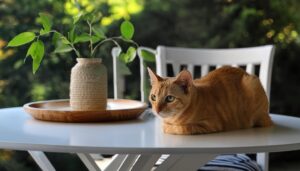 テーブルの上で横たわる猫