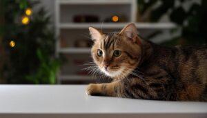 白いテーブルで正面を見る縞模様の猫と棚