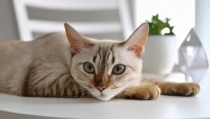大きな瞳で見つめるサバトラ猫と伸ばした前足