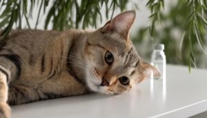 観葉植物の横で横たわる猫