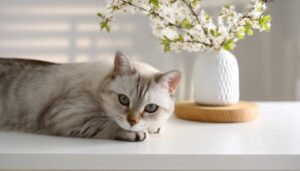 観葉植物の横で横たわる子猫