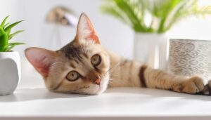 デスクに寝そべる猫