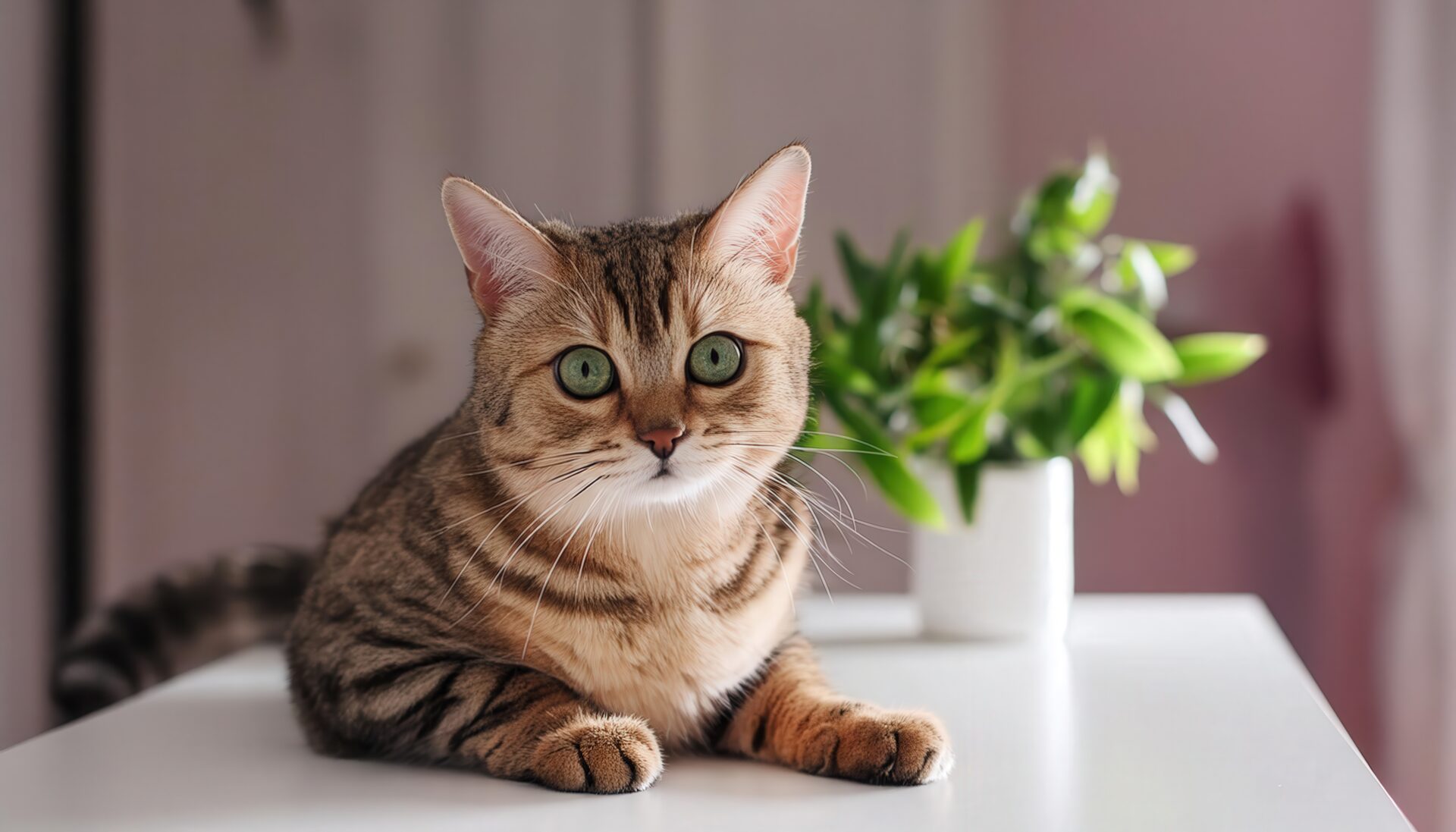 緑の目の猫と観葉植物