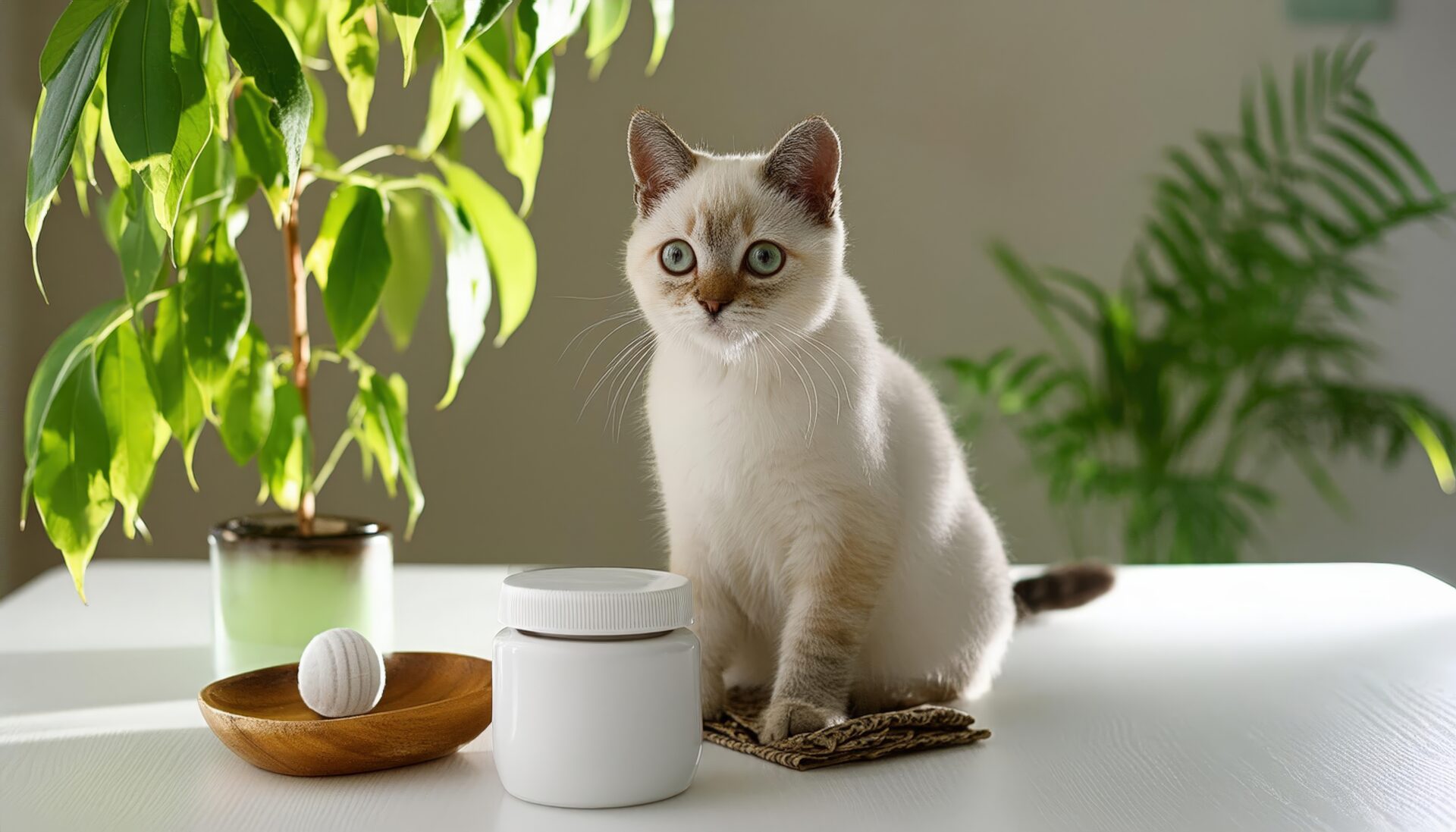 室内で座る白猫