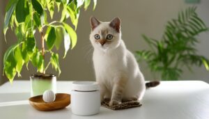 室内で座る白猫