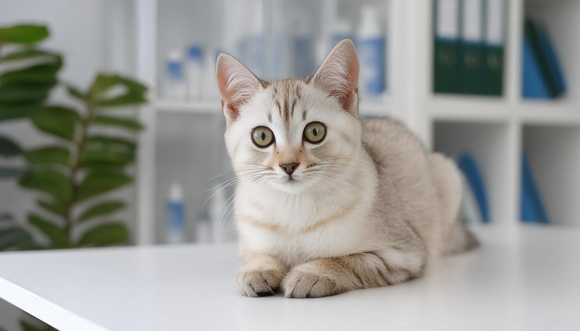 白と茶の猫とオフィス風背景