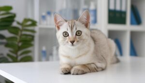 白と茶の猫とオフィス風背景