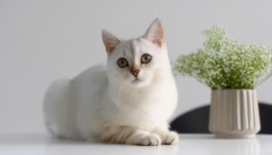 白猫とカスミソウの花