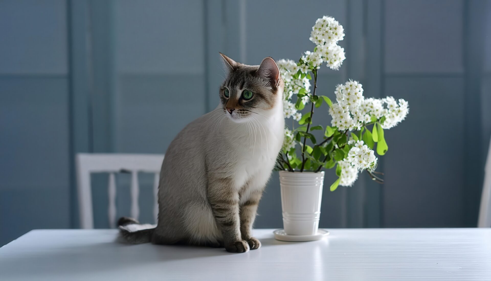青い背景と猫と白い花