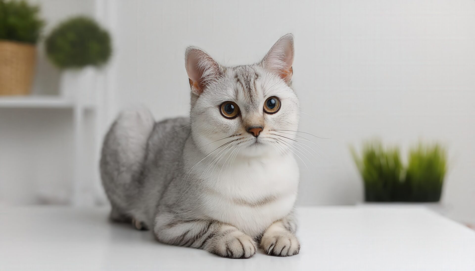 観葉植物とグレー猫