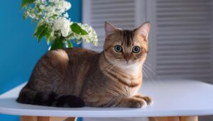 青背景と花と猫