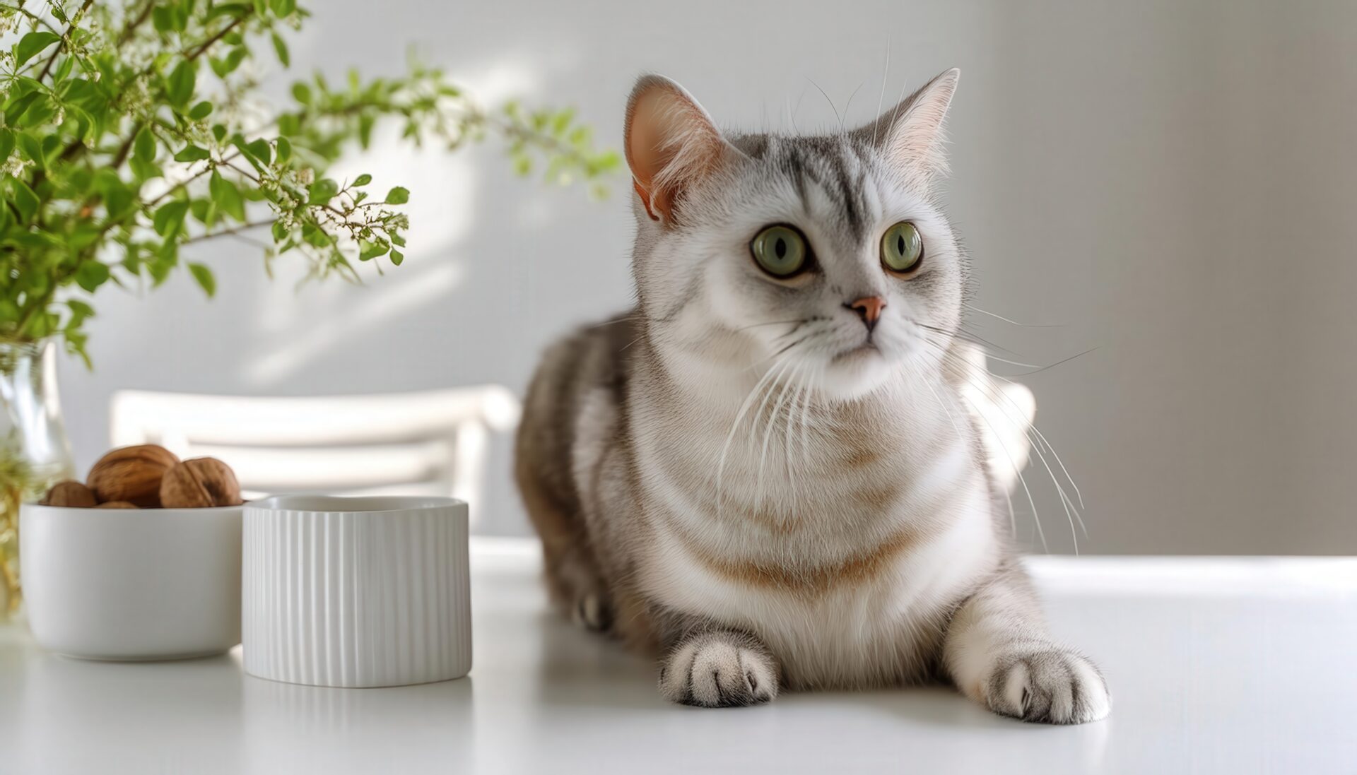白い食器とグレー猫