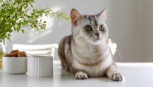 白い食器とグレー猫