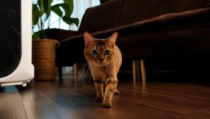 暗い部屋の中を歩く猫