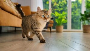 明るい窓辺を歩く猫