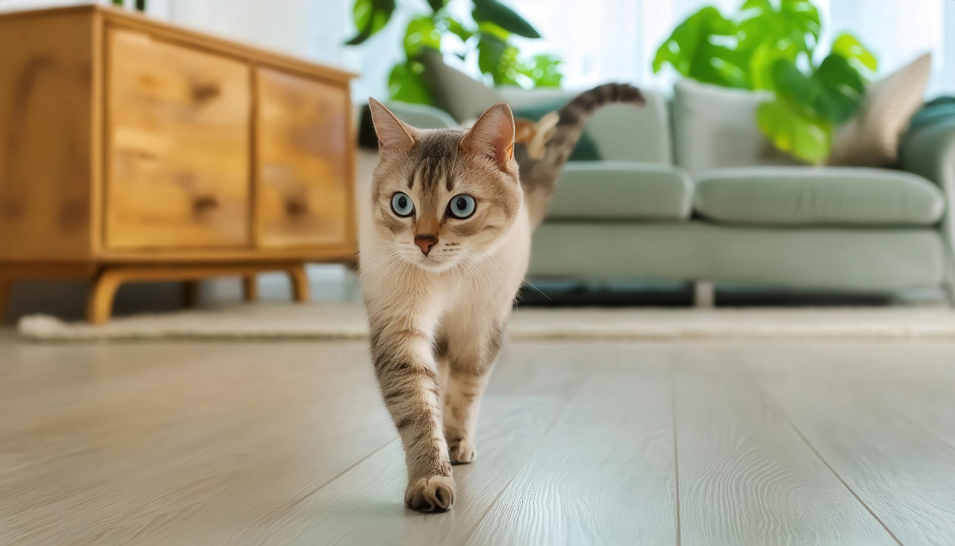 青い目の猫と緑のソファ