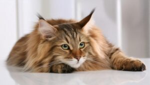 白いテーブルに伏せる長毛猫（正面）