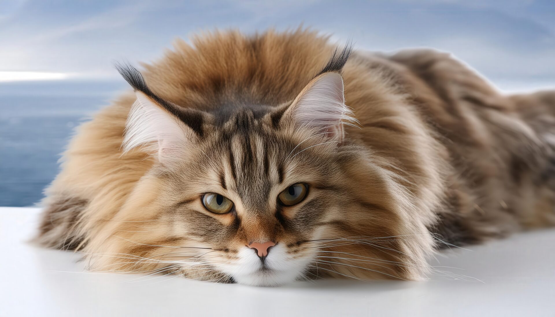 海を背景にした長毛猫