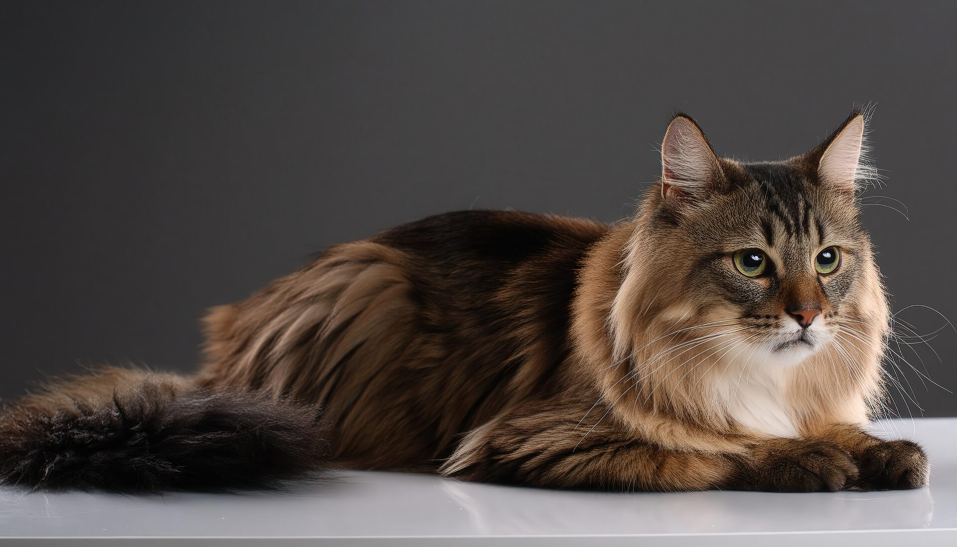 黒背景で伏せる長毛猫