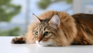 ガラス越しの風景と長毛猫