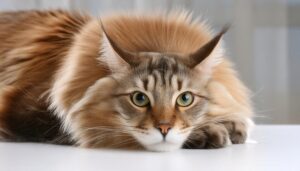 カメラ目線の長毛猫（うつ伏せ）