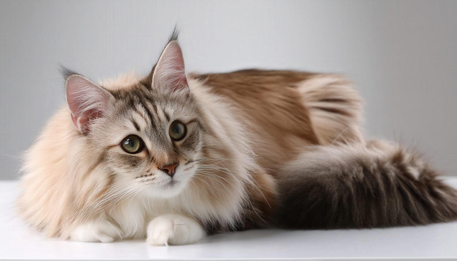 白い背景に伏せる長毛猫