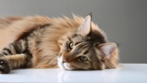 伏せて見上げる長毛猫