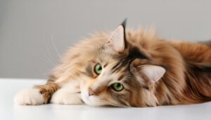 まっすぐ見つめる長毛猫（寝姿）