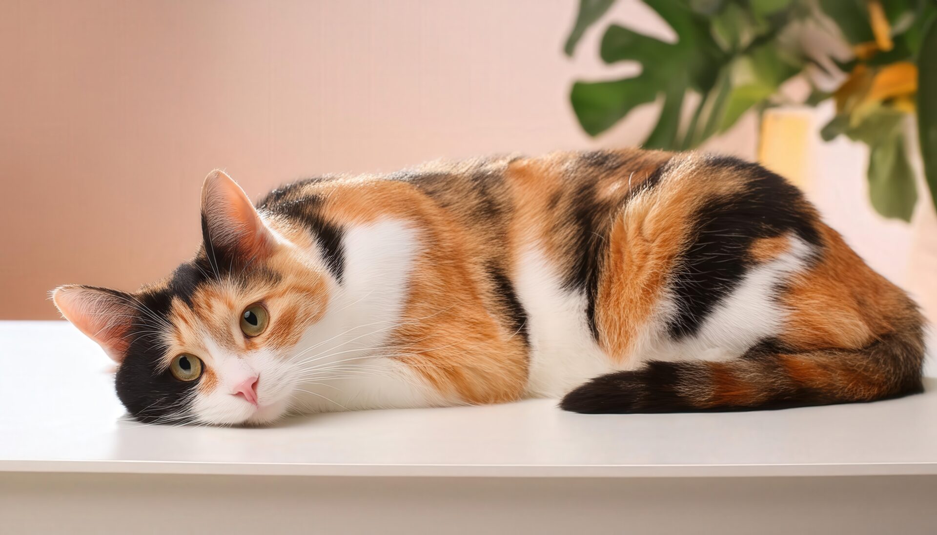 三毛猫のリラックスポーズ（室内）