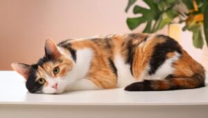 三毛猫のリラックスポーズ（室内）