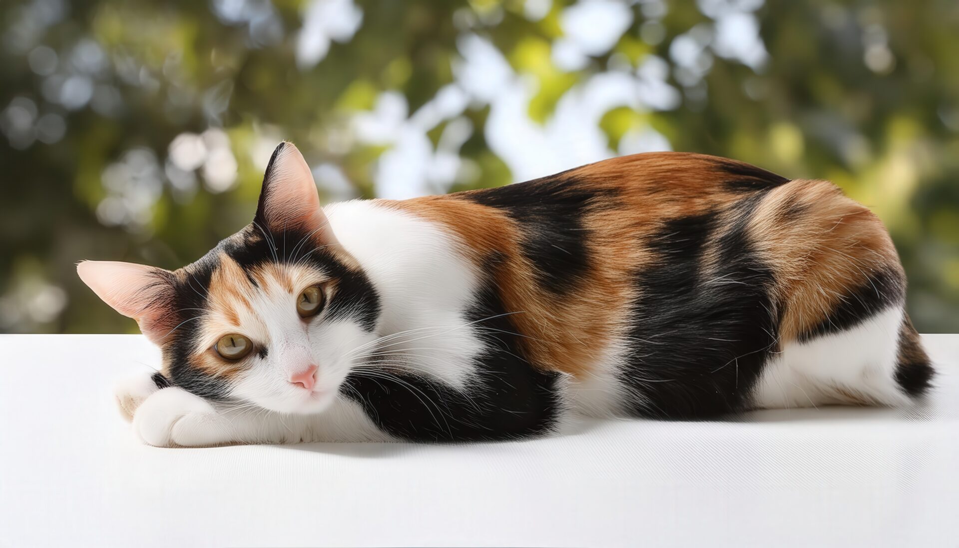 三毛猫のリラックスポーズ（屋外）