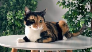 緑の観葉植物と三毛猫