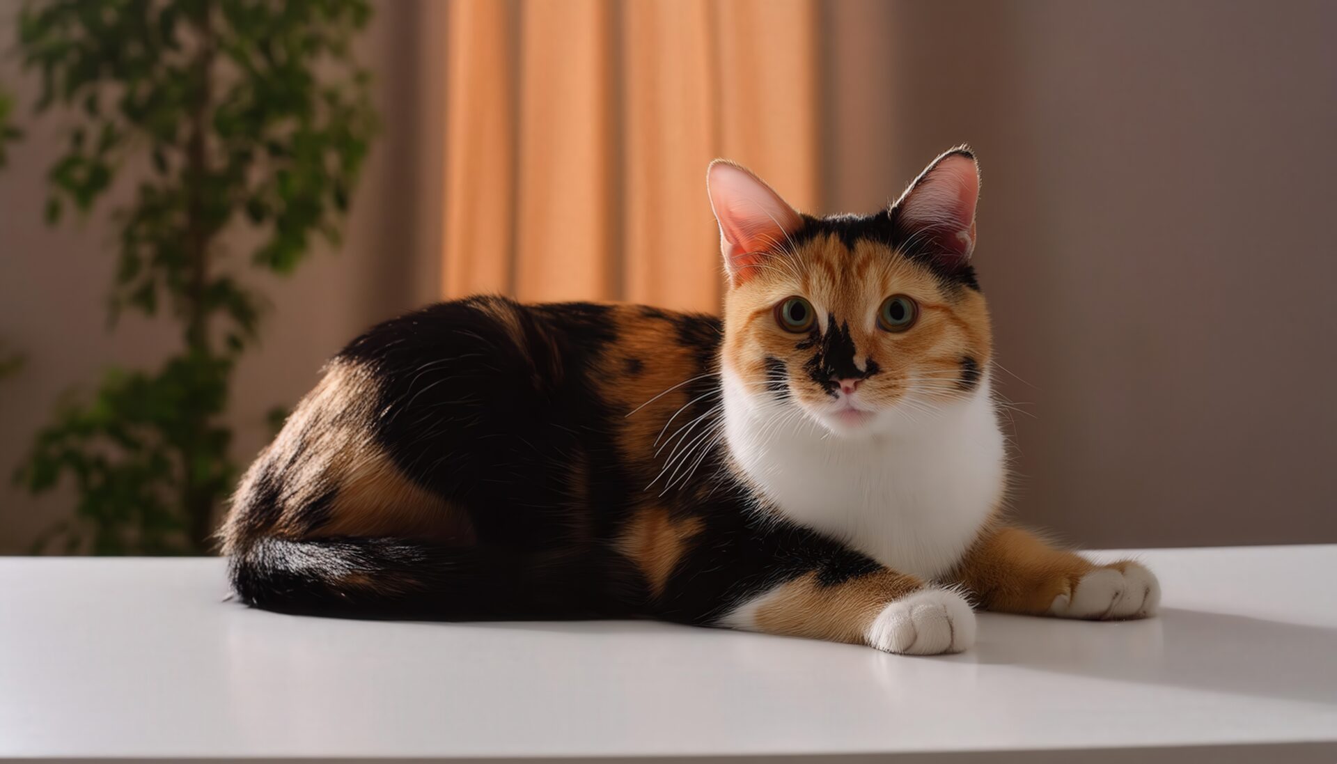 柔らかな光の中の三毛猫