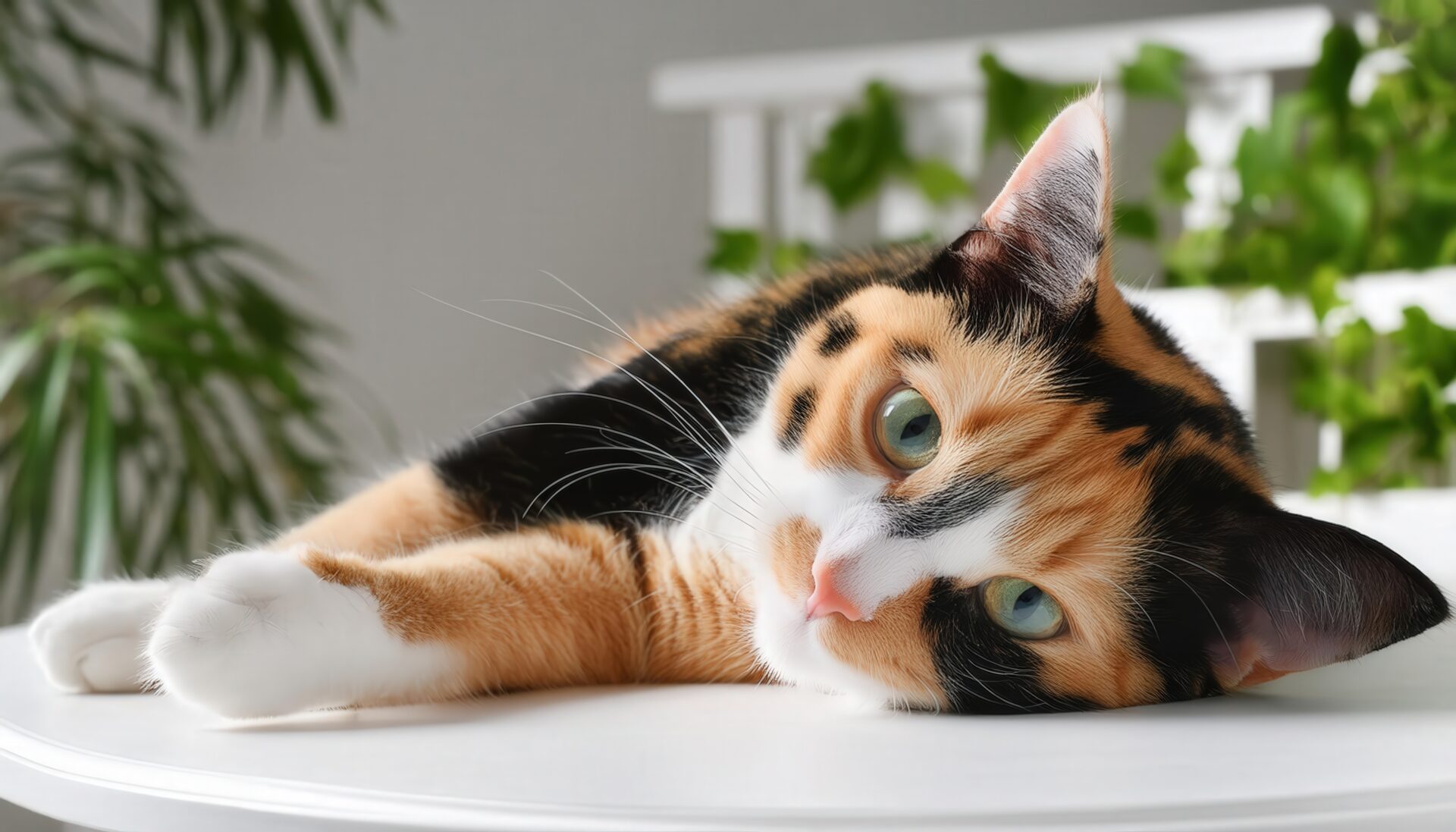 視線を送る三毛猫のアップ