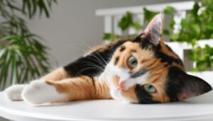 視線を送る三毛猫のアップ